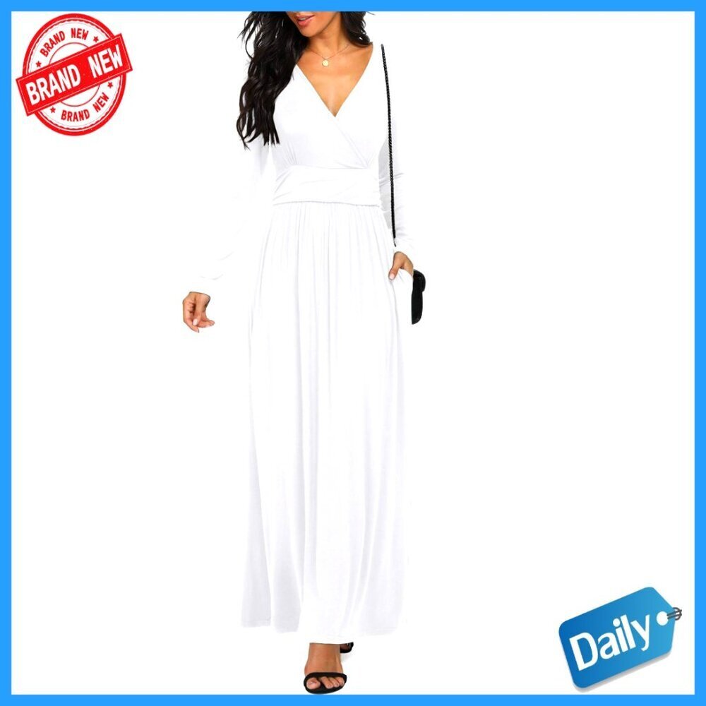 Long Sleeve Deep V Neck Maxi Dress with Side Pockets, Empire Waist